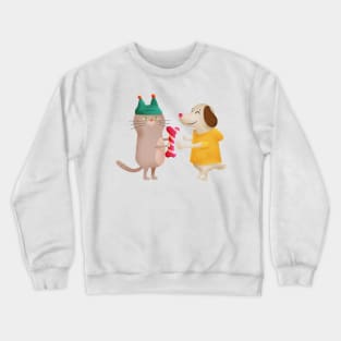 Illustration of a cat giving a bone to a dog as gift Crewneck Sweatshirt